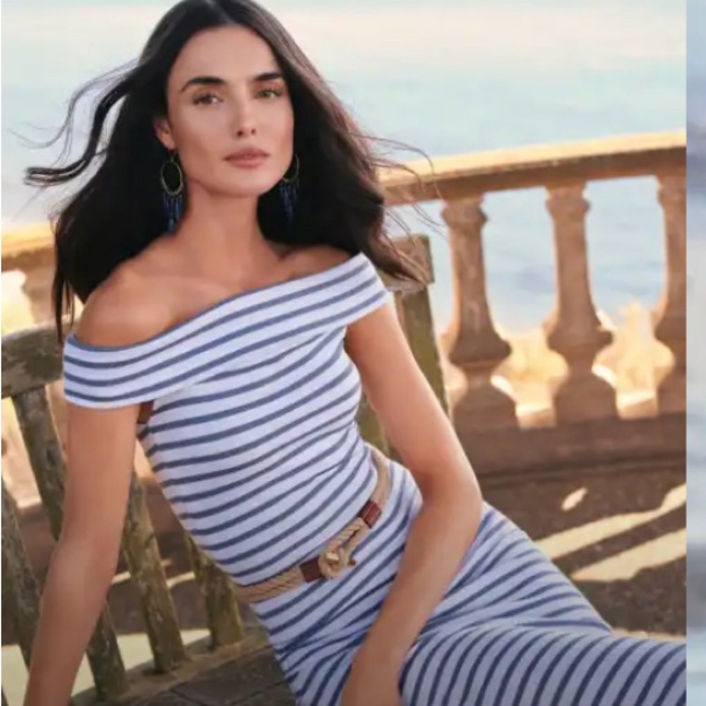 NWT Ralph Lauren Midi Dress Blue w/White Stripes Cold Shoulder Stretch Cotton 14 - Picture 11 of 11